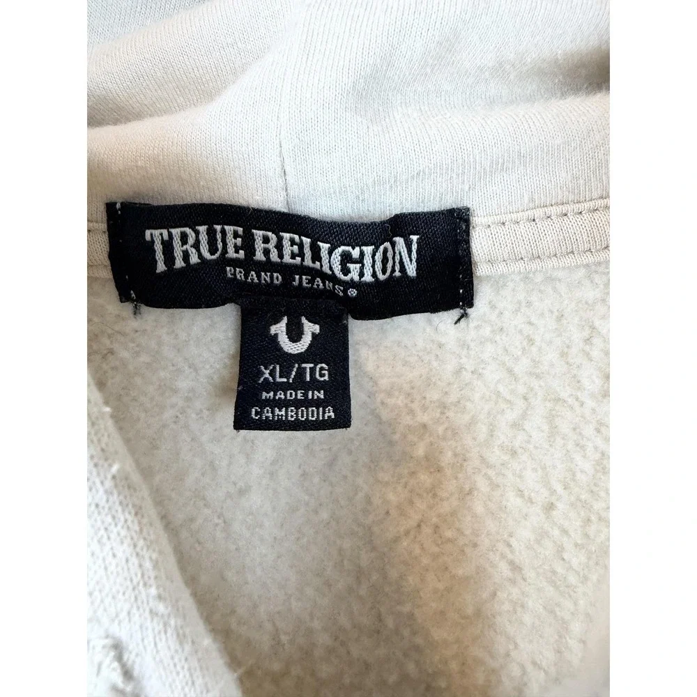 True Religion Hoodie Jacket Mens XL White Full Zip Fleece Buddha Graphic Back